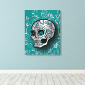 Whimsical Blauwgroen en Zilveren Suikerschedel Canvas Afdruk (Insitu (Houten vloer))