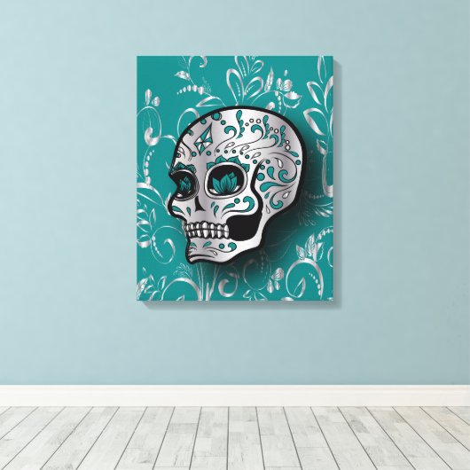 Whimsical Blauwgroen en Zilveren Suikerschedel Canvas Afdruk (Insitu (Houten vloer))