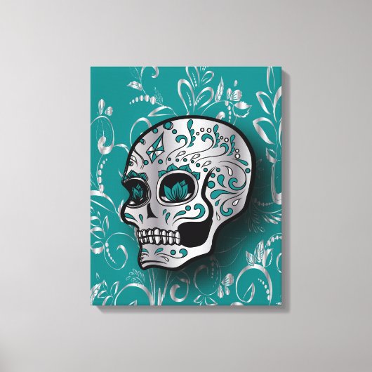 Whimsical Blauwgroen en Zilveren Suikerschedel Canvas Afdruk (Voorkant)