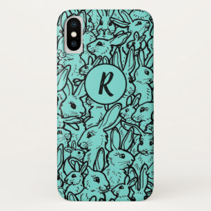 Whimsical Blauwgroen Rabbit Bunny Drawing Monogram iPhone X Hoesje