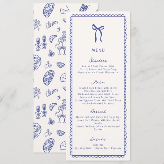Whimsical, bleu Main dessinée Mariage plat menu (Devant / Derrière)