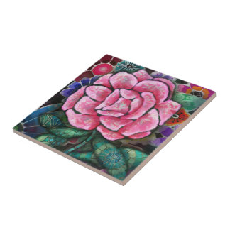 Whimsical Bloem Roze Art Nouveau Botanisch Tegeltje