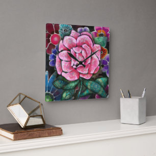 Whimsical Bloem Roze Art Nouveau Botanisch Vierkante Klok