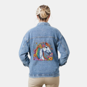 Whimsical Bloemen Wit Paard Kleurrijk Denim Jacket