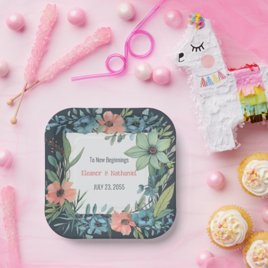 Whimsical Bloemen Zalm Blauw Groen Bruiloft Papieren Bordje (Feest)