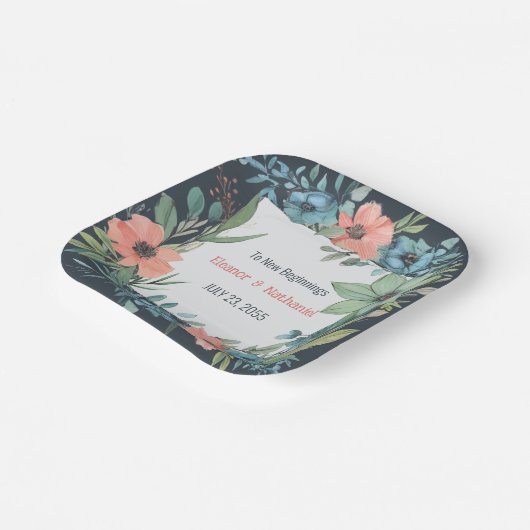 Whimsical Bloemen Zalm Blauw Groen Bruiloft Papieren Bordje (Gebogen)