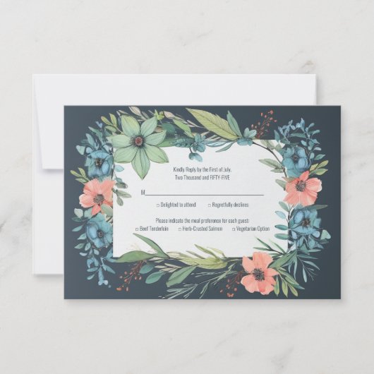 Whimsical Bloemen Zalm Blauw Groen Bruiloft RSVP Kaartje (Voorkant)
