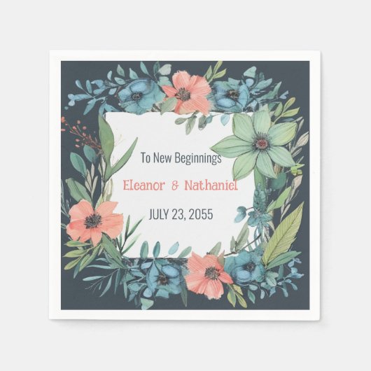 Whimsical Bloemen Zalm Blauw Groen Bruiloft Servet (Voorkant)