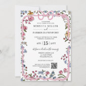Whimsical bloemenlente moderne bruiloft QR Code Kaart (Voorkant)