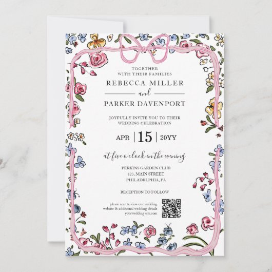Whimsical bloemenlente moderne bruiloft QR Code Kaart (Voorkant)