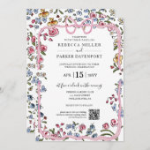 Whimsical bloemenlente moderne bruiloft QR Code Kaart (Voorkant / Achterkant)