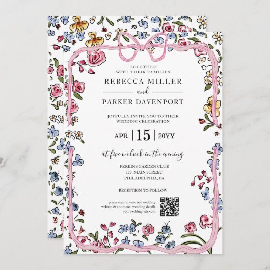 Whimsical bloemenlente moderne bruiloft QR Code Kaart (Voorkant / Achterkant)