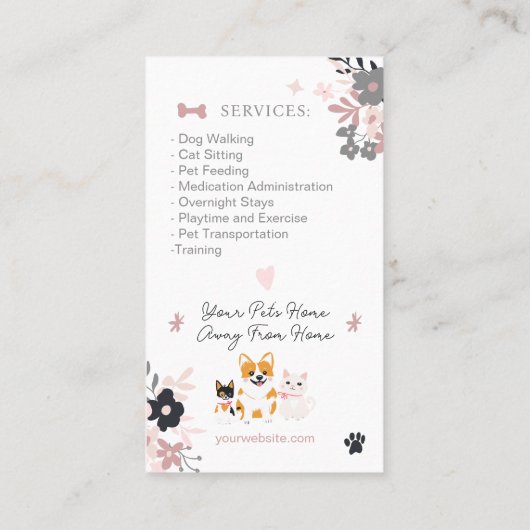 Whimsical bloemenschattig roze huisdier oppas hond visitekaartje (Achterkant)