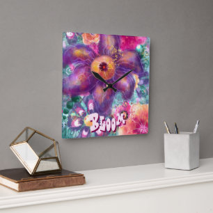 Whimsical Bloemige Abstracte Kunst Teal Gepersonal Vierkante Klok