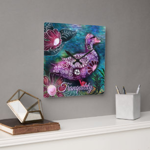 Whimsical Bloemige Eend Paars Turquoise Persoonlij Vierkante Klok