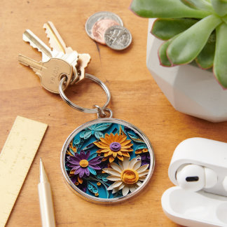 Whimsical Blossoms: Gekleurde Bloemen Papier Kunst Sleutelhanger