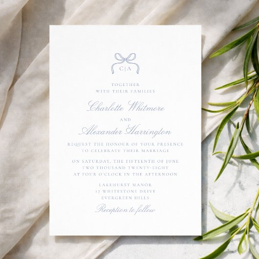 Whimsical Blue Bow Wedding Invitation