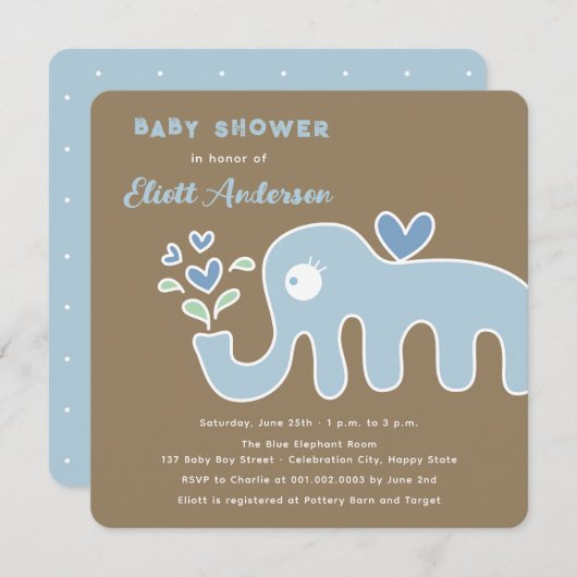 Whimsical Blue Cartoon Elephant Boy Baby shower Kaart (Voorkant / Achterkant)