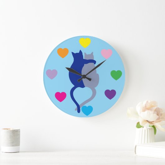 Whimsical Blue Cat Clock with Rainbow Hearts Grote Klok (Huis)