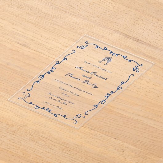 Whimsical Blue Doodle Lijst bruiloft Acryl Uitnodigingen (Laagn)