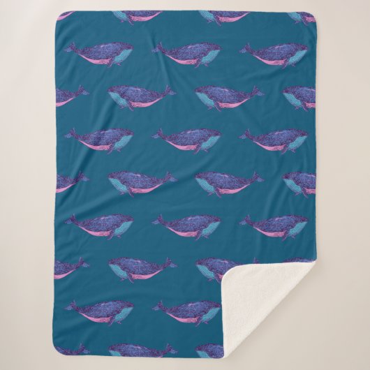 Whimsical Blue en Paarse Whale Patroon Oceaan Sherpa Deken (Voorkant)