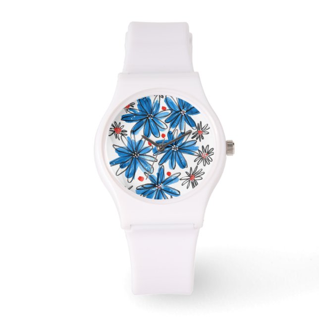 Whimsical Blue en White Flowers Horloge (Voorkant)