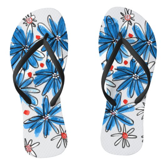 Whimsical Blue en White Flowers Teenslippers (Voetbed)