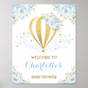 Whimsical Blue Floral Hot Air Ballon Welkom Poster