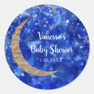Whimsical Blue Gold Bronze Moon Stars Baby shower Ronde Sticker
