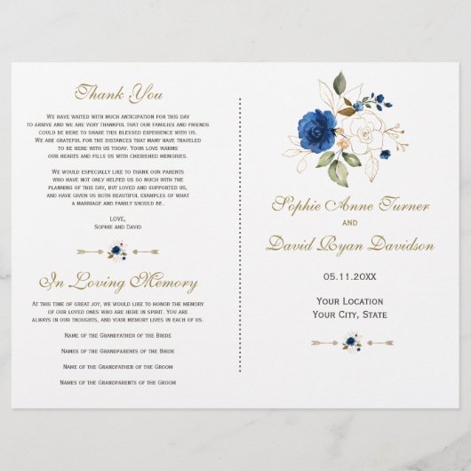 Whimsical Blue Gold Flowers Programme de mariage (Devant)