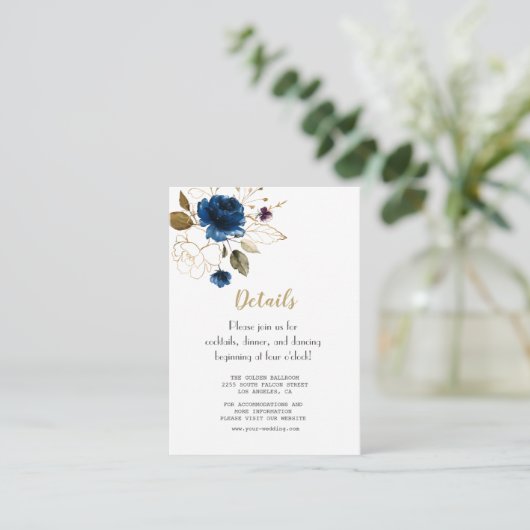 Whimsical Blue Gold Flowers Weddenschap Details Informatiekaartje (Staand voorkant)