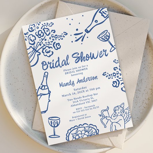 Whimsical Blue Hand Drawn Cherub Vrijgezellenfeest Kaart
