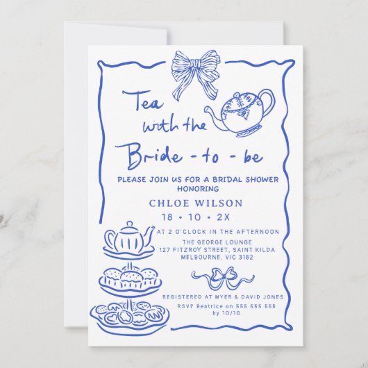 Whimsical Blue Hand Drawn Tea Vrijgezellenfeest Kaart (Voorkant)