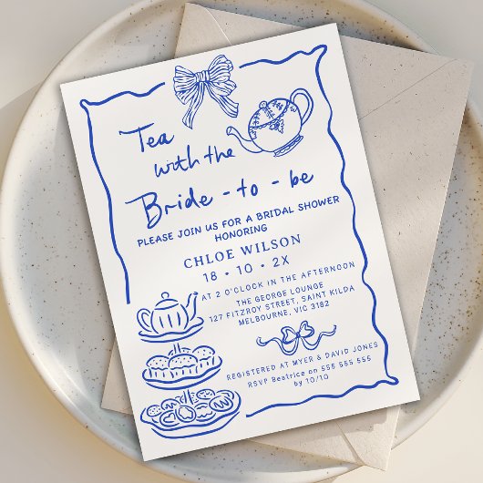 Whimsical Blue Hand Drawn Tea Vrijgezellenfeest Kaart