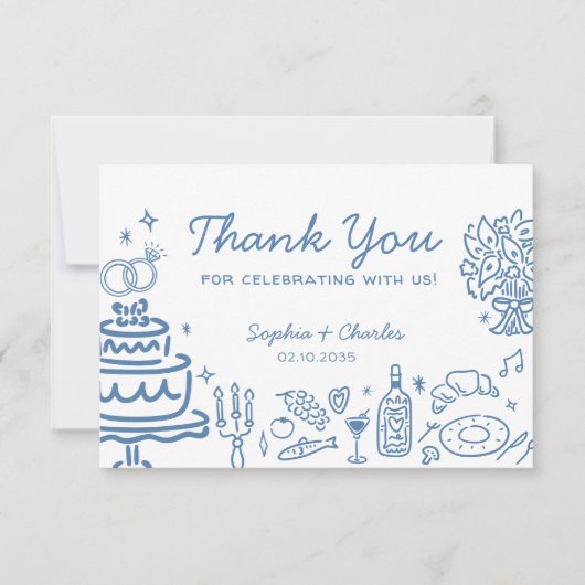 Whimsical Blue Hand Getrokken Doodles bruiloft Dan Bedankkaart (Voorkant)