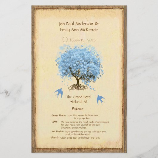 Whimsical Blue Heart Leaf Tree Wedding Programme (Devant)