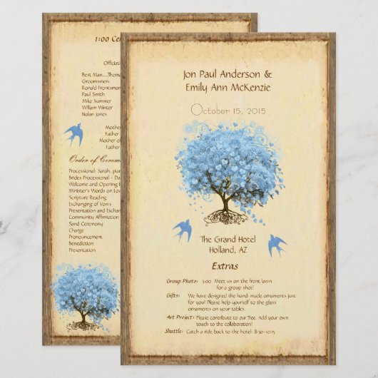 Whimsical Blue Heart Leaf Tree Wedding Programme (Devant / Derrière)