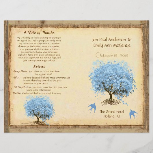 Whimsical Blue Heart Leaf Tree Wedding Programme (Voorkant)
