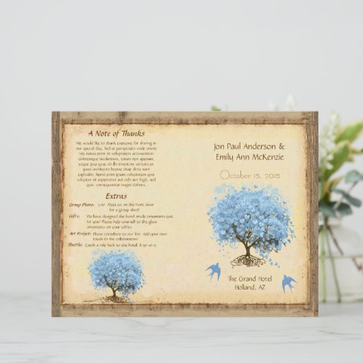 Whimsical Blue Heart Leaf Tree Wedding Programme (Debout devant)
