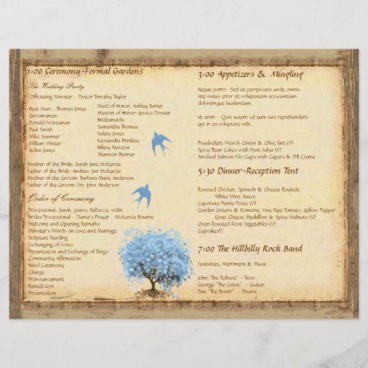 Whimsical Blue Heart Leaf Tree Wedding Programme (Achterkant)