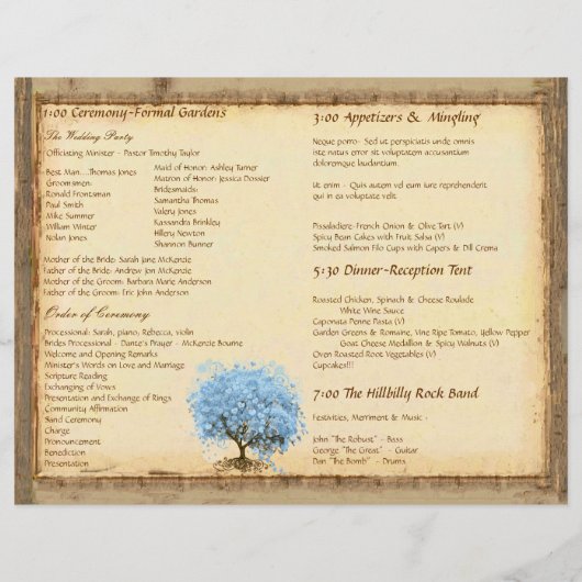 Whimsical Blue Heart Leaf Tree Wedding Programme (Dos)