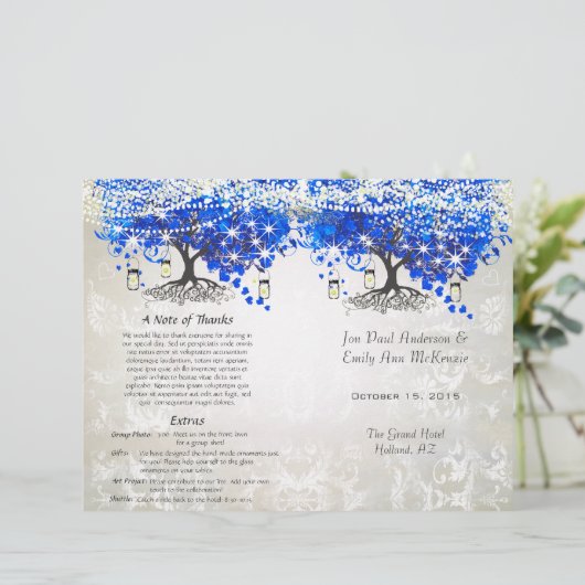 Whimsical Blue Heart Leaf Tree Wedding Programme (Staand voorkant)