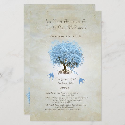 Whimsical Blue Heart Leaf Tree Wedding Programme (Voorkant / Achterkant)