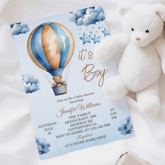 Whimsical Blue Hete Luchtballon Baby Boy Douche Kaart