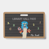 Whimsical Blue Owl Horizontal Hall Pass Badge (Voorzijde)