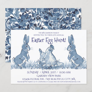 Whimsical Blue Paashaas Hen Chicks Egg Hunt Kaart