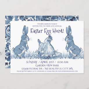 Whimsical Blue Paaster Bunny Hen Chicken Egg Hunt Kaart