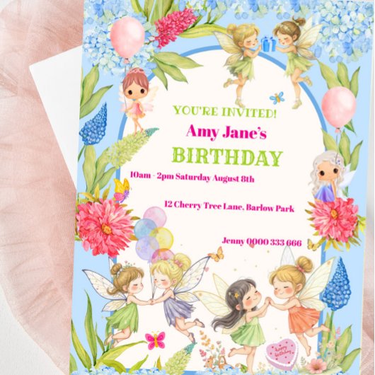 Whimsical Blue & Pink Fairy Invitation d'anniversa