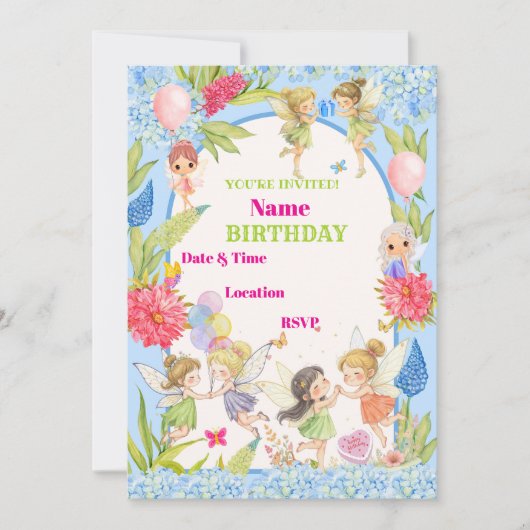 Whimsical Blue & Pink Fairy Invitation d'anniversa (Devant)