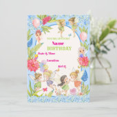 Whimsical Blue & Pink Fairy Verjaardag Uitnodiging (Staand voorkant)
